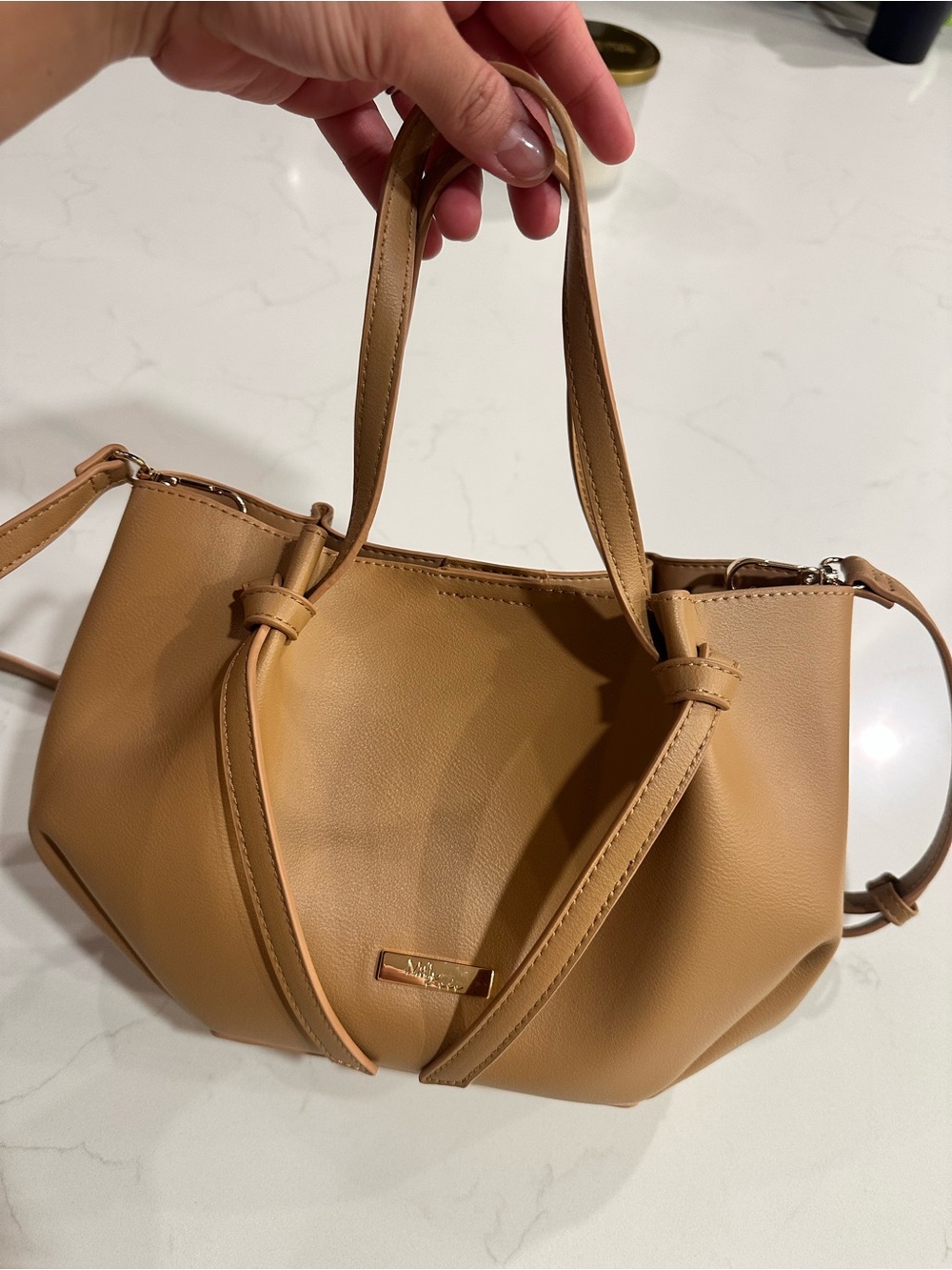Structured Tan Shoulder Tote with Knotted Strap Detail